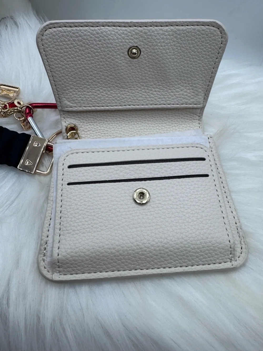Beige Faux Leather Card Holder Wallet w/ Wristlet Strap & Charm Keychain